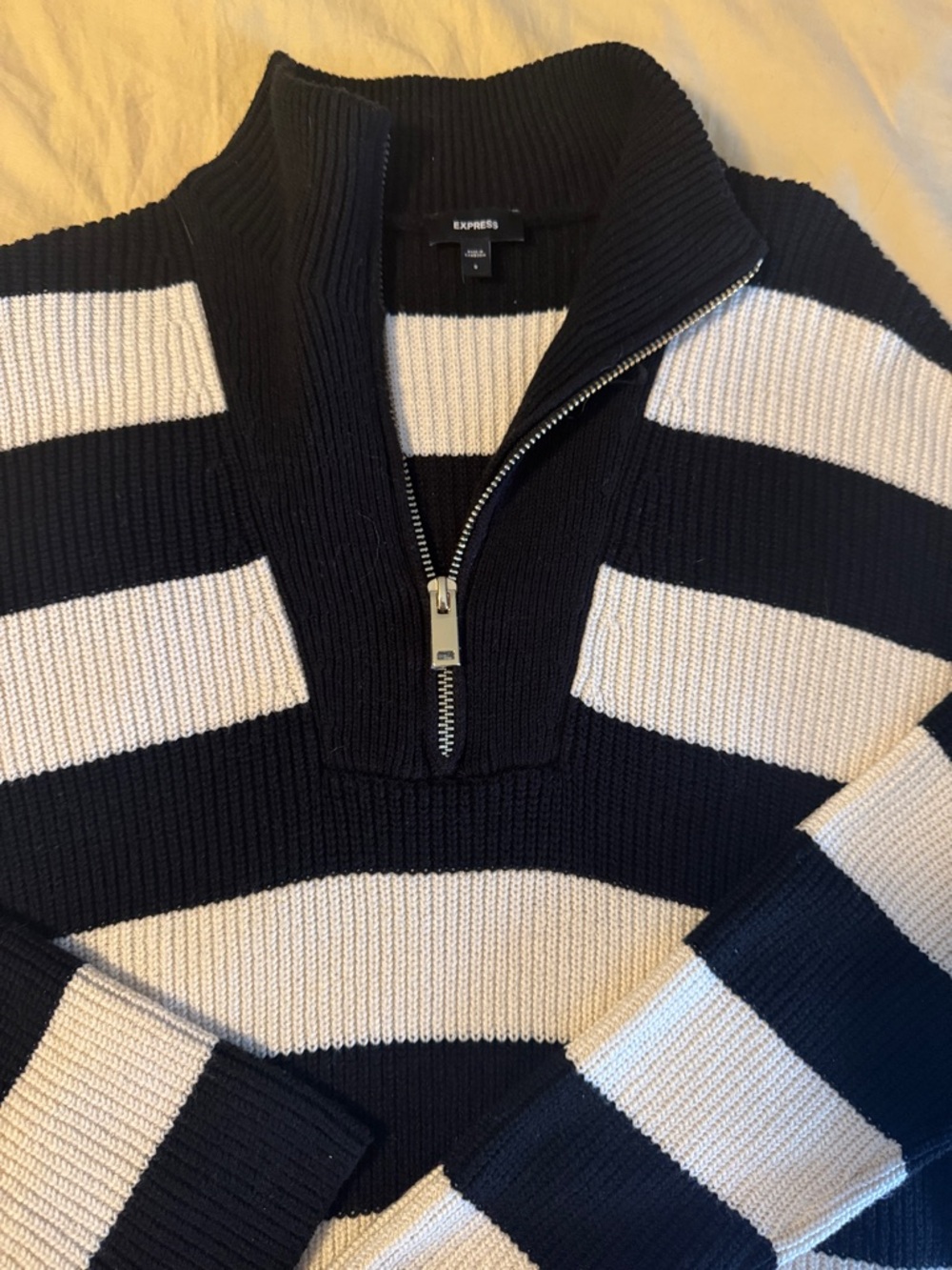 Express Black and White Striped Half-Zip Sweater